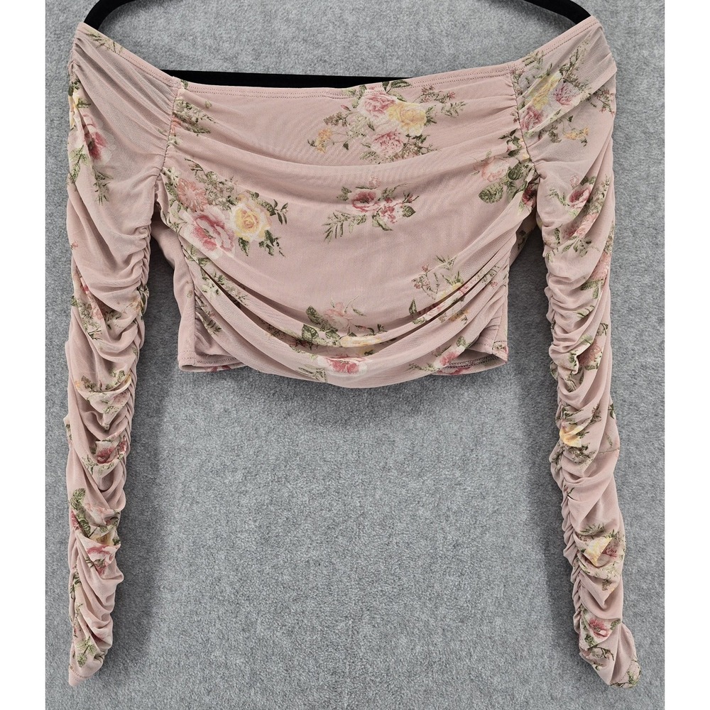 Windsor Pink Floral Ruched Sleeve Crop Top Sz S Corset Fairycore Coquette Flirty - Picture 3 of 8